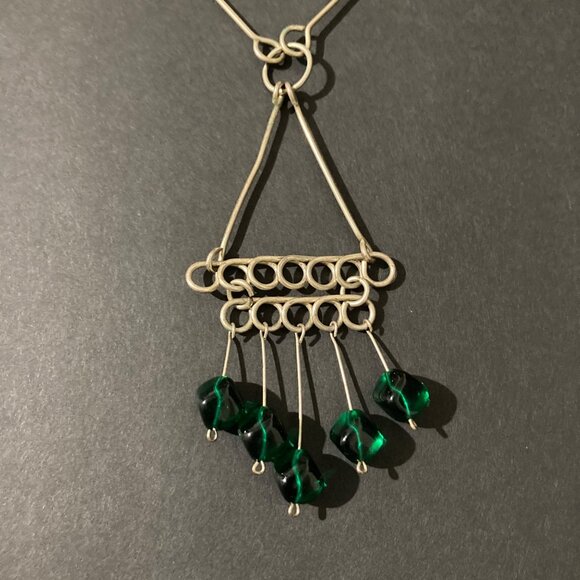 Vintage Statement Artisan Necklace Silver Tone Green Glass Bead - Picture 5 of 7